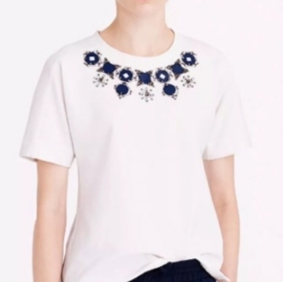 NWT J. Crew Structured Necklace Short Sleeve T-Shirt | white and blue si… - Picture 2 of 9